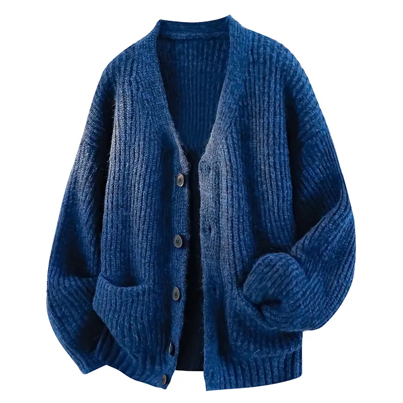 Men's Vintage Plain Klein Blue Thick Ribbed Knit V-Neck Cardigan, Button-Front, Dual Side Pockets, Loose 90s Oversized Soft Warm Long-Sleeve Streetwear Casual Pocket Buttons Knitwear Outerwear for Autumn Winter Daily Outfits, Longsleeves, Sweaters, Jacket