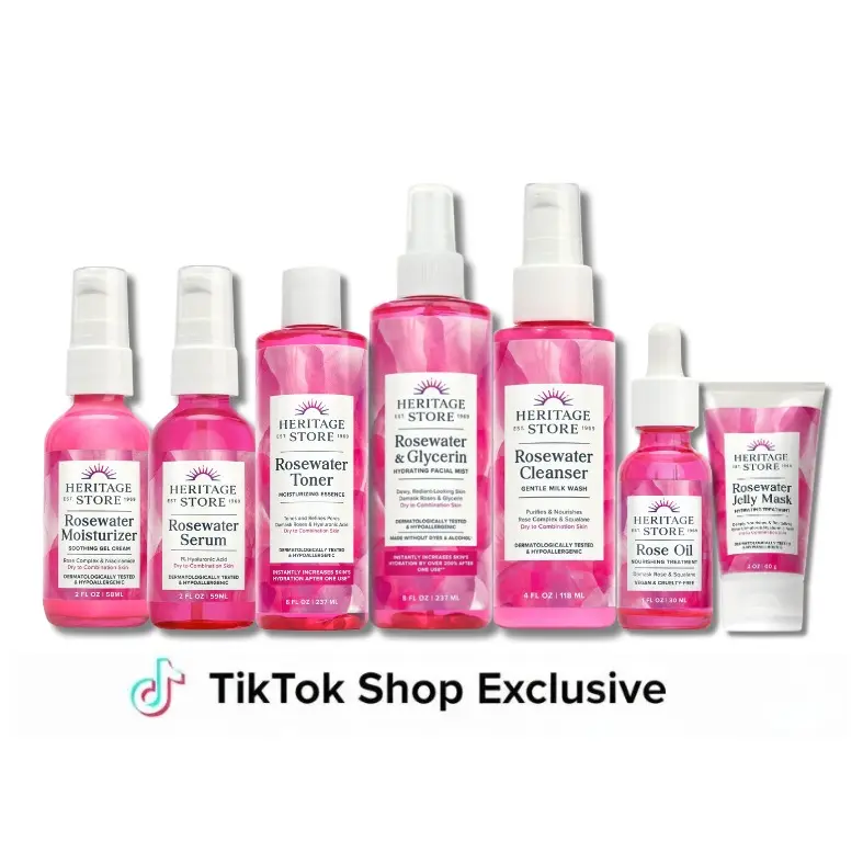 HERITAGE STORE Rosewater Radiance Gift Set, Hydrating Daily Routine with Hyaluronic Acid Serum for Dewy, Smooth Skin - For Dry & Combination Skin, Makeup Prep, Cleanser, Lightweight, Moisturize
