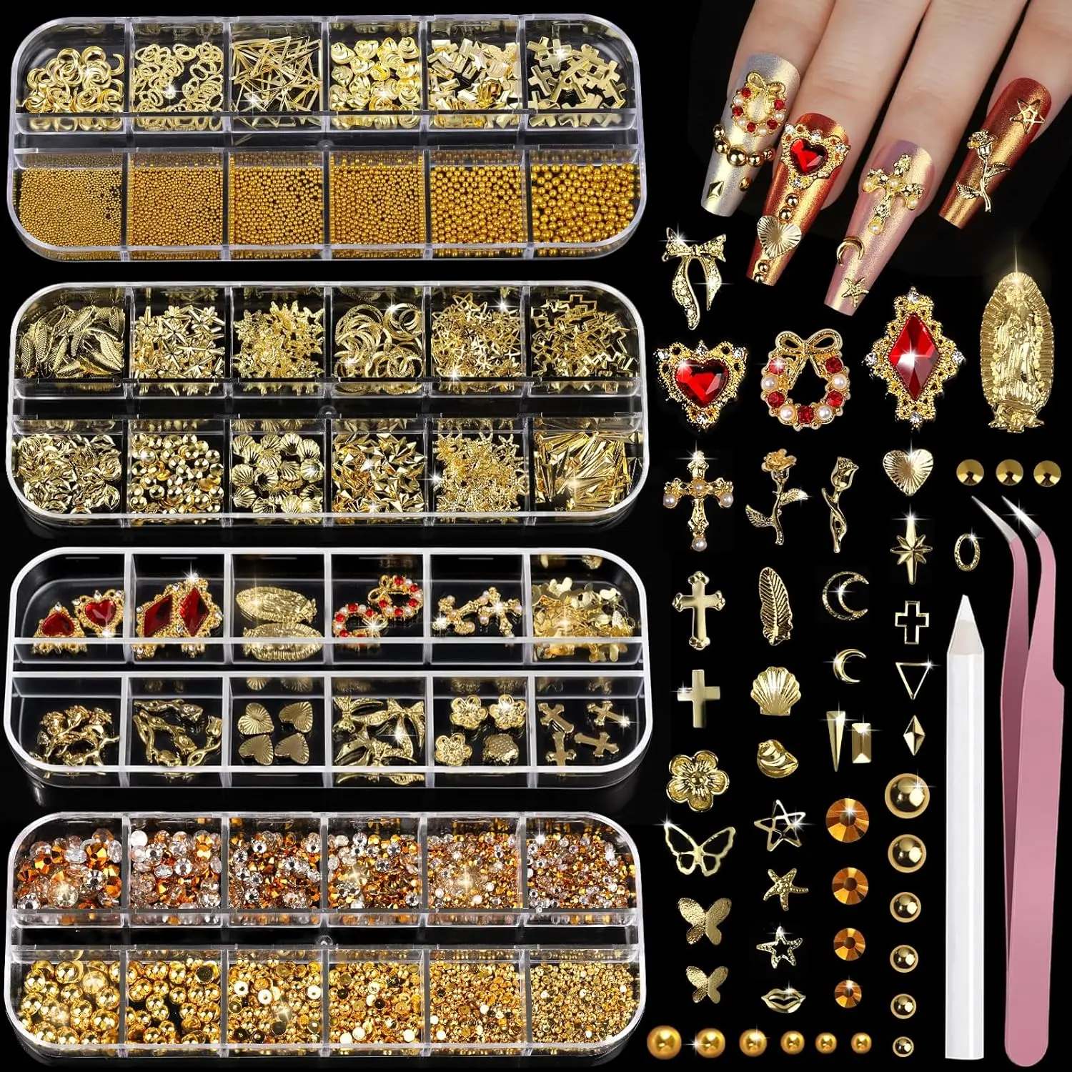 4-Box Gold Nail Art Boxing Set - 3D Metallic Charms, Mixed-Size Rhinestones, Pearls & Caviar Beads with Tweezer & Wax Pen for Manicures
