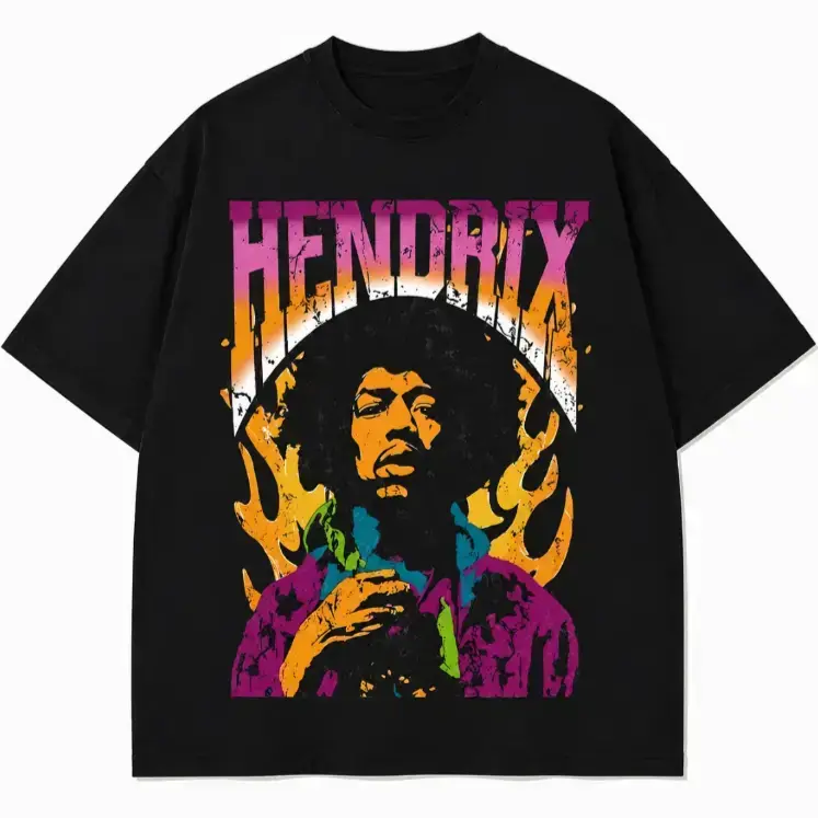 Women's Oversized Thick Short-Sleeve T-Shirt - Jimi Hendrix Vintage Bold Print, Loose Fit, All-Seasons, Breathable, Machine Wash, Medium Length, Casual Streetwear Rock Style, American Fashion, Father's Day Gift, Camping Essential, Basic Basics, Breathable