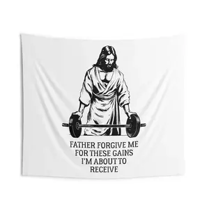 Father Forgive Me| Custom Gym Tapestry| Home Gym Flag Decor| Large Quote Wall Art| Motivational Inspirational| Banner| USA Gray Modern Bedding Set Beige And Brown Jesus With Barbell Print And Father Forgive Me For These Gains I'm About To Receive Te