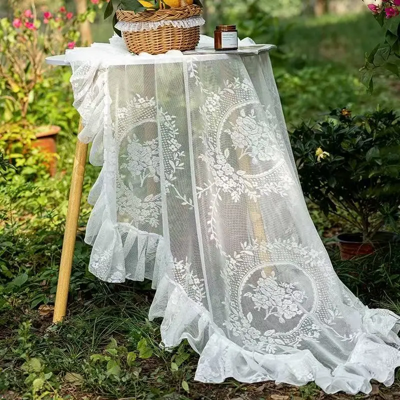 1pc French Cream Lace Tablecloth, Vintage Round Dining Table Cover, Garden Artistic Long Desk Cloth, Home Decor Accessory, Picnic Table Cover, Overlay Table Cover