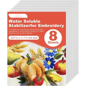 Water Soluble Stabilizer for Embroidery 8P, 8.27'' x 11.7'' A4 Size Embroidery Stabilizer, Medium Weight Water Soluble Embroidery Paper for Print or Draw Patterns