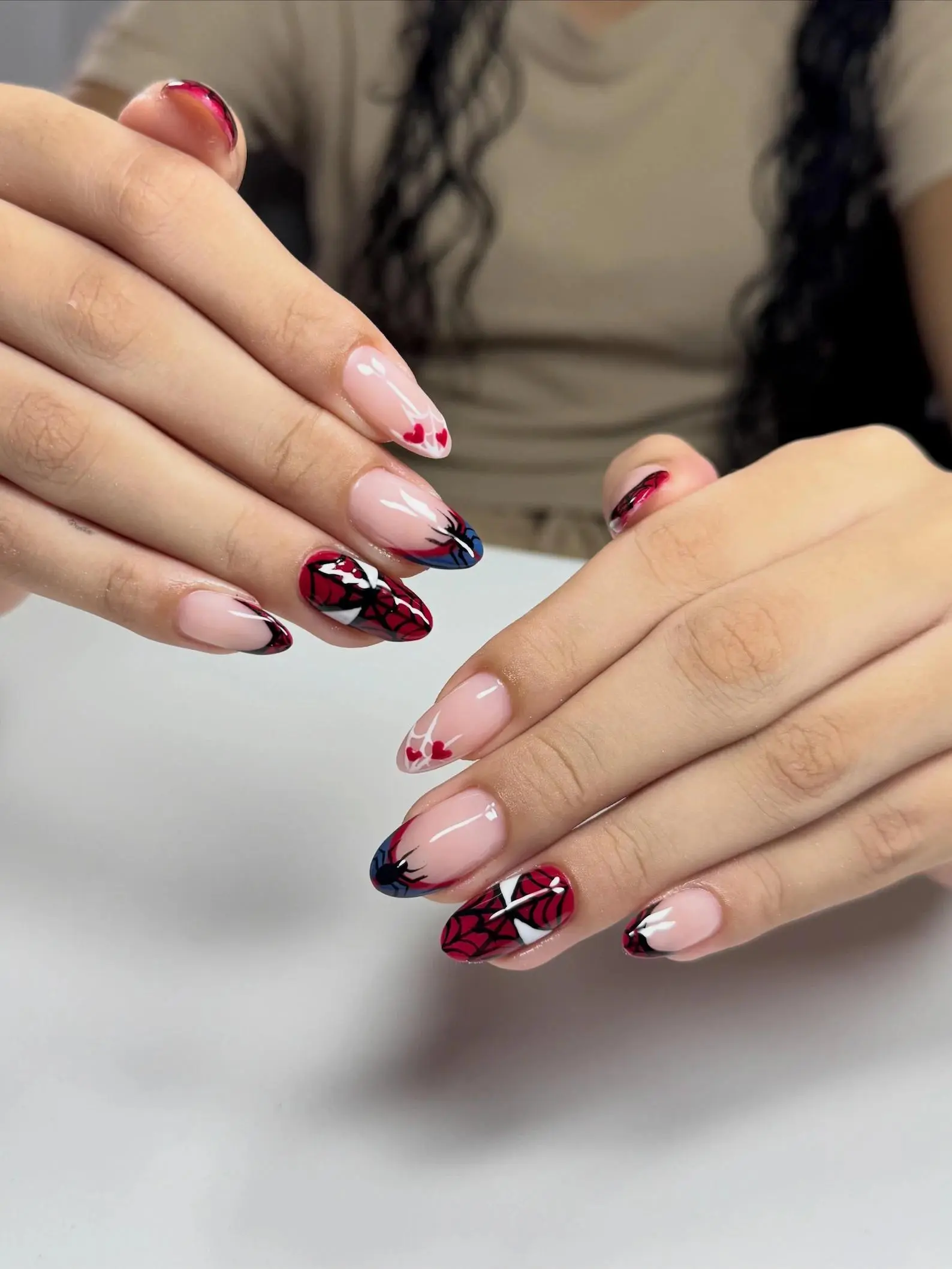 Red Blue Web Press-On Nails, Medium Almond Fake Nails with Graphic Web Art, Heart Details and Glossy Finish