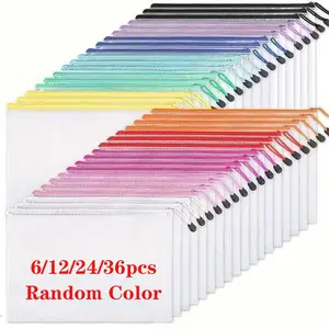6/12/24/36pcs/set Mesh Zipper Pouch Bags A4 Size Board Game Storage Plastic Multiple Colors Letter Size Puzzle Organizer and Office Supplies