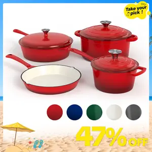 [Summer Vibes] Kitchen Academy Enamel Cast Iron 7 Piece Cookware Set, Dutch Oven Pot with Lid, Red Non Stick Pots and Pans set, Oven Safe up to 500°F Cooking Modern