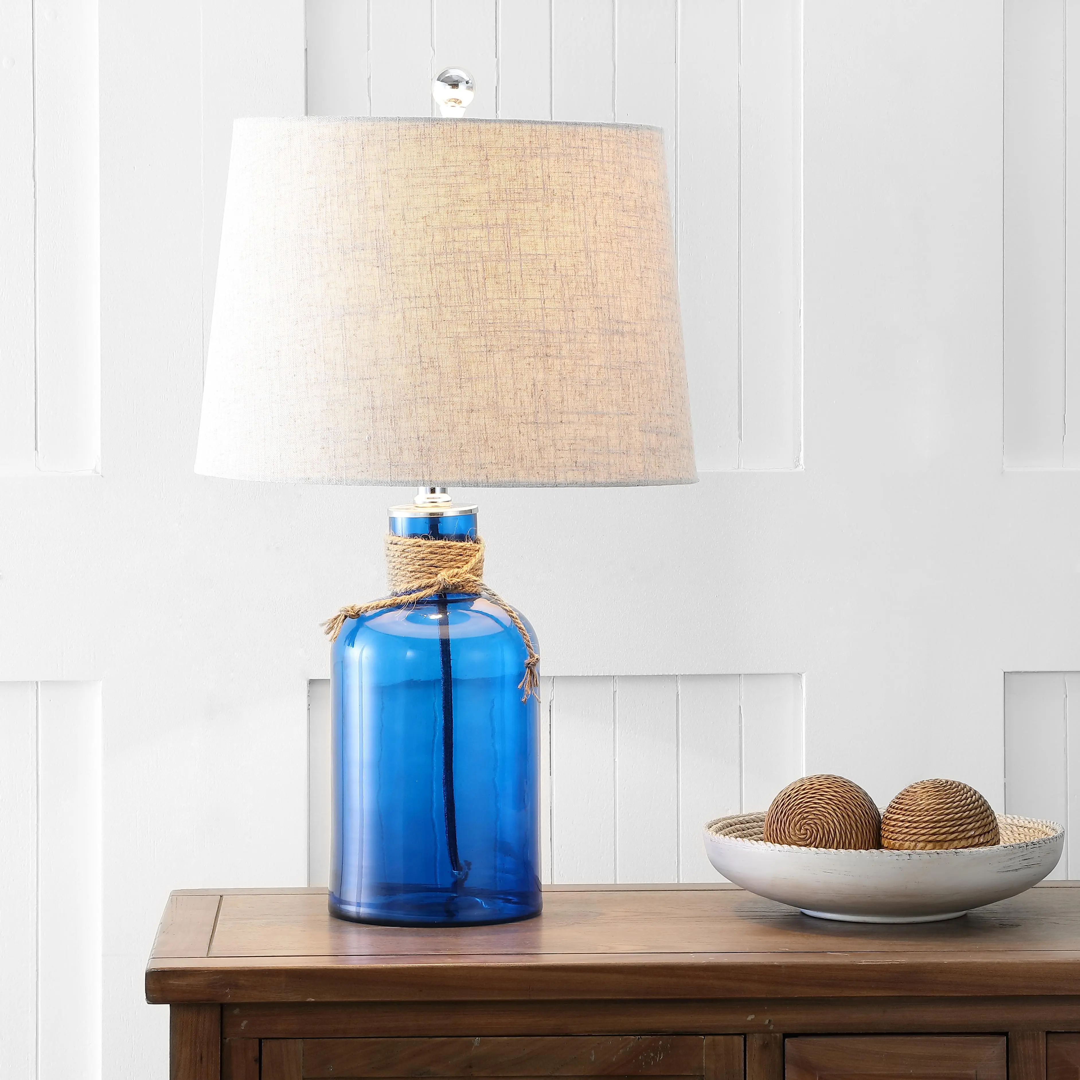 JONATHAN Y Azure 23.5" Cobalt/Natural Glass Bottle LED Table Lamp - Nautical Rope, Cotton-Touch Details, Gray Linen Drum Shade, Mediterranean Coastal Style, Metal Finial, Bulb Included, Home Lighting, Nightstand Decor, Elevated Home Lamps, Bases & Shades