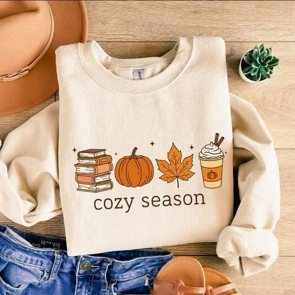 Cozy Season Sweatshirt, Book Lover Fall Crewneck, Pumpkin Coffee Graphic Sweatshirt, Cute Autumn Leaves Sweatshirt, Cozy Fall Gift