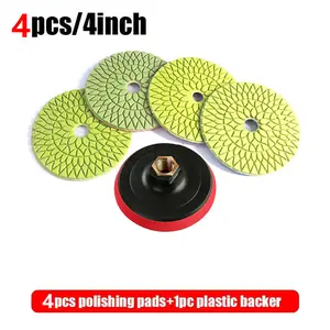 Huang Chang 4 Inch Diamond Polishing Pads with 5/8’’-11 Backer Pad, 5PCS Wet Granite Stone Polish Pad Kit for Drill, Grinder, Polisher, 1-4 Grit Polishing Pad for Concrete Marble Rock Countertop Quartz