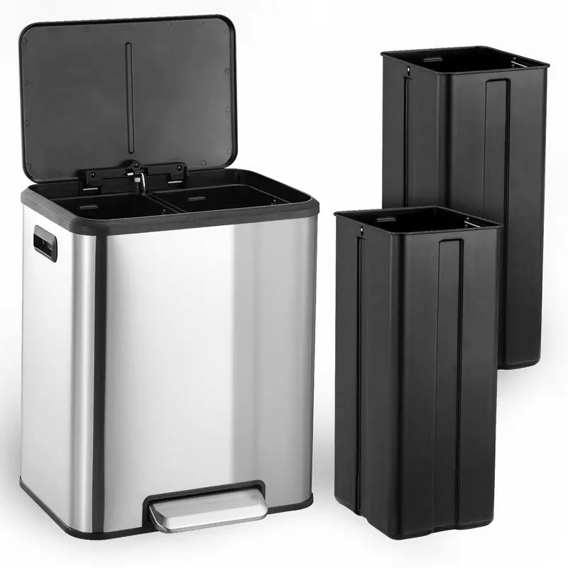 Stainless Steel Silver Automatic Trash Bin - 30L Hands-Free Pedal-Open Dual Compartment Recycling Step Can, Soft-Close Lid, 2x4 Gal Rectangular Waste Sorter for Kitchen, Home Office Organization, Automatic Trash Can, Touchless Trash Bin