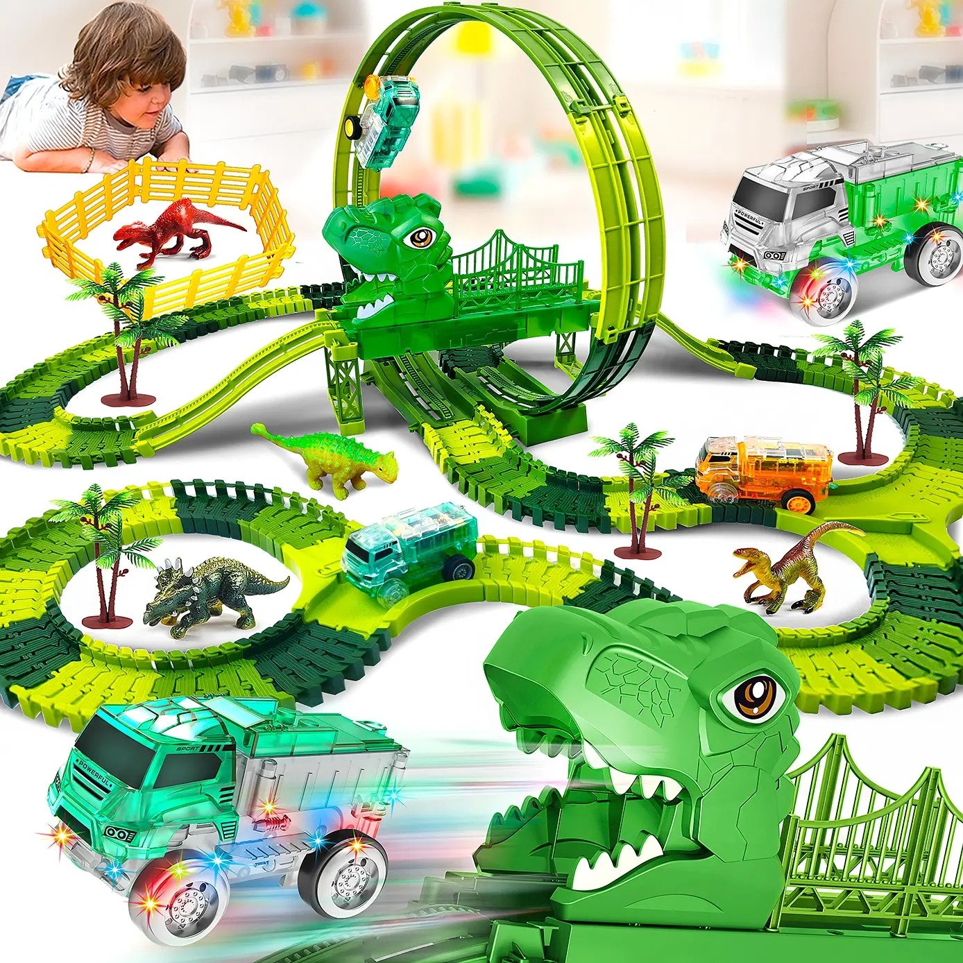 Dinosaur LED Light Track Engineering Car Toy Truck Cars Kids Create Dino World Road Race, Flexible Bendable Track, Flexible Game Tracks, High-Quality Kids Gift,Electric Rail Car Self Provided 2AAA Batteries.Not Include Battery