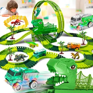 Dinosaur LED Light Track Engineering Car Toy Truck Create Dino World Road Race, Flexible Bendable Track, Flexible Game Tracks, High-Quality Kids Gift,Electric Rail Car Self Provided 2AAA Batteries.Not Include Battery