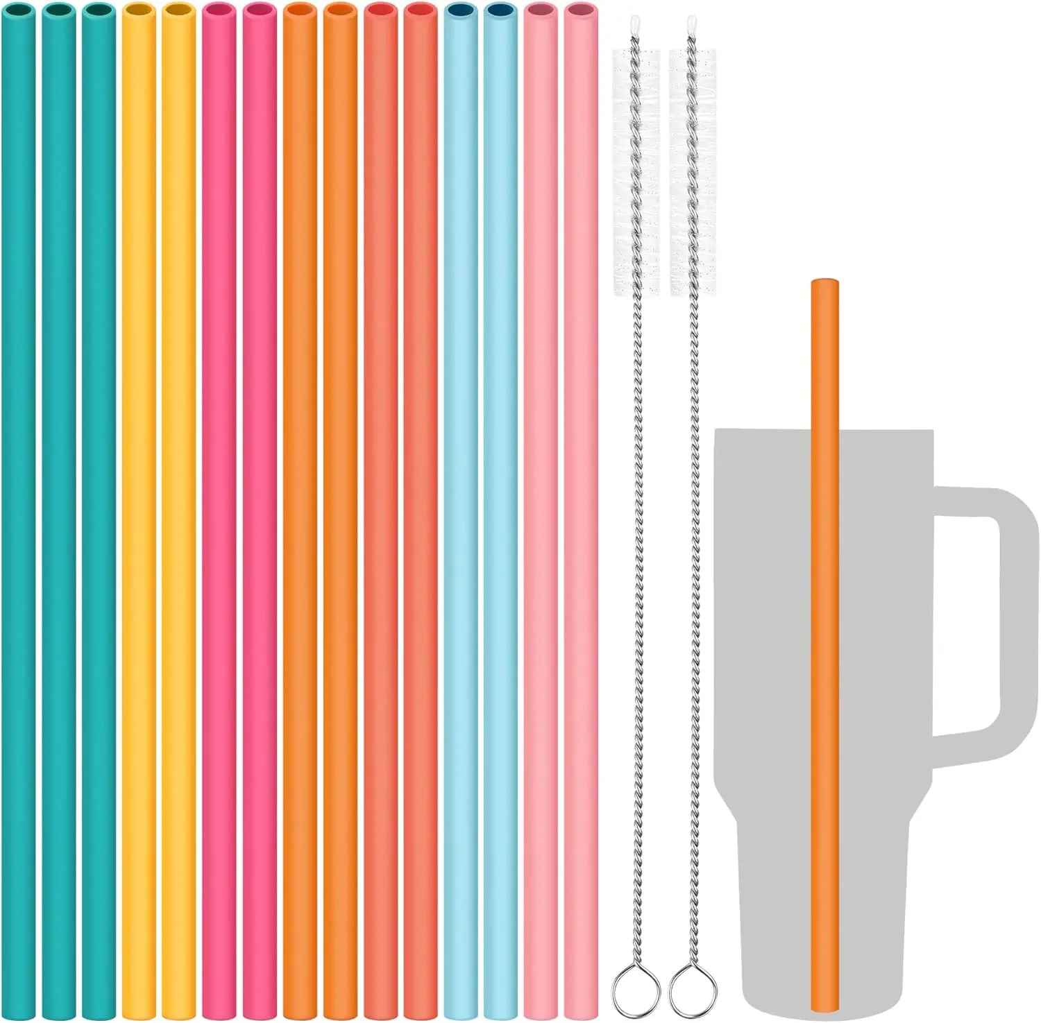 15-Pack 12" Reusable Silicone Drinking Straws for Stanley Tumblers 20oz, 30oz, 40oz with 2 Cleaning Brushes, BPA-Free Food-Grade Vibrant Colors Flexible Straws for Family Use (Flamingo)