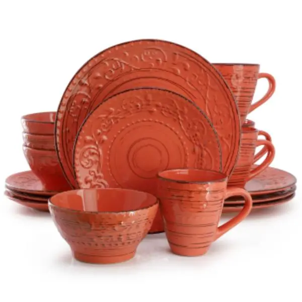 Elama ELM-MALIBU-JASPER Malibu Jasper Round Ceramic Tableware Set - 16-Piece Orange, Aesthetic Coastal Vibe, Everyday Casual Use, Includes Dinner Plates, Dishwasher Safe, Polygonal/Round, Hand Painted