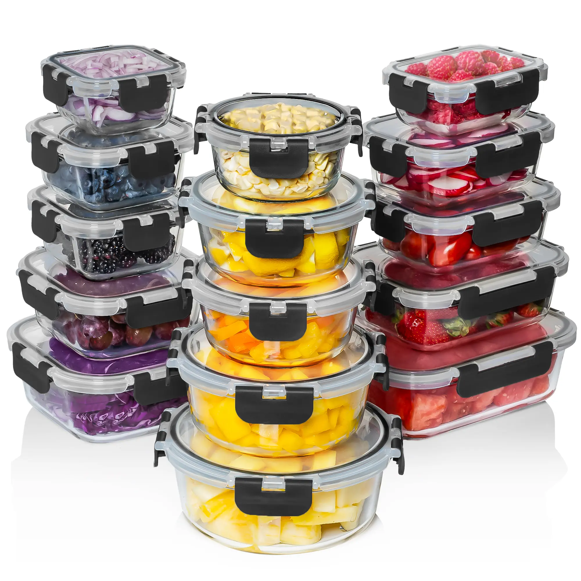 Razab 30 Piece Glass Meal Prep Containers with Black Airtight Lids, Leakproof Snap Locking Lids – Oven, Freezer, Microwave & Dishwasher Safe Food Storage Kitchen