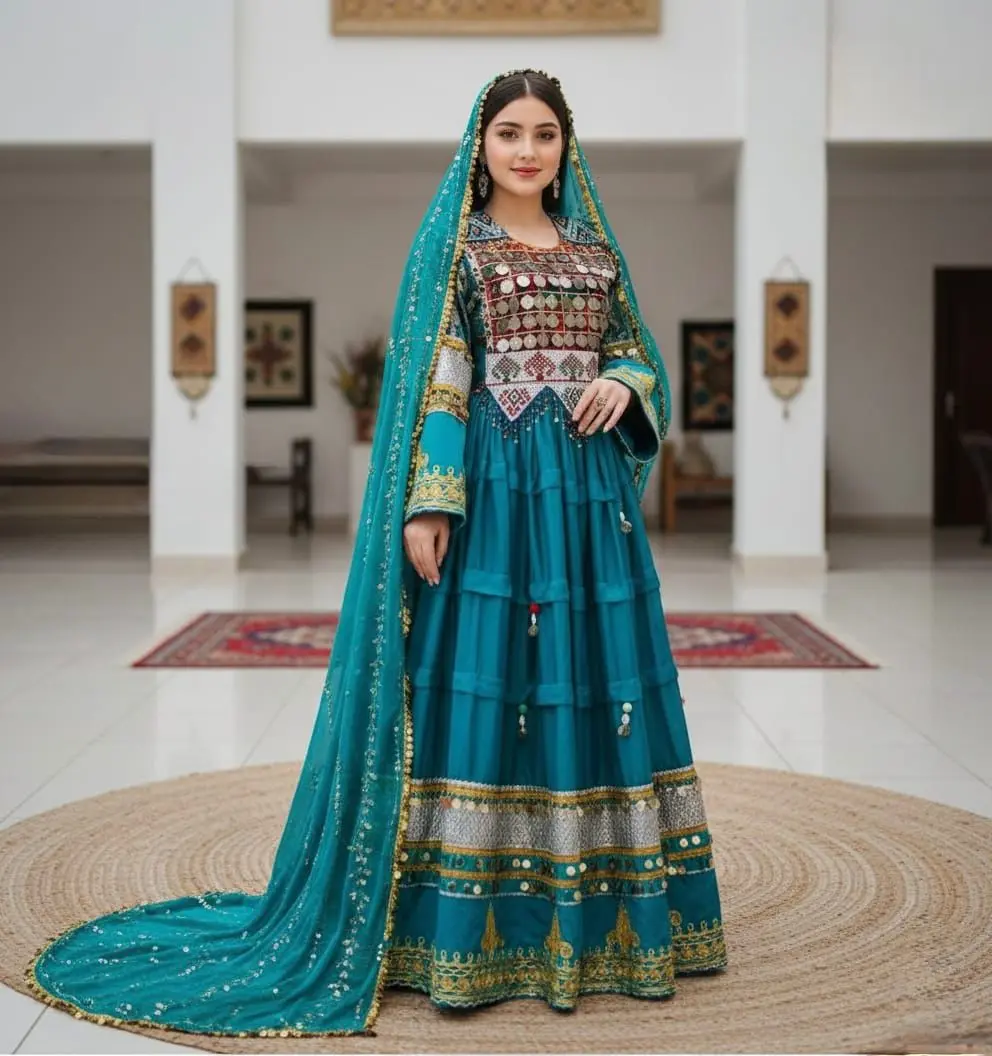 Women's Modest Islamic Royal Afghan Turquoise Blue Maxi Dress Set - Medium, Heavy Mirror Work, Antique Coin Embellishments, Multicolor Thread Embroidery, Golden Motif Sleeves, Embroidered Matching Clothes Costumes