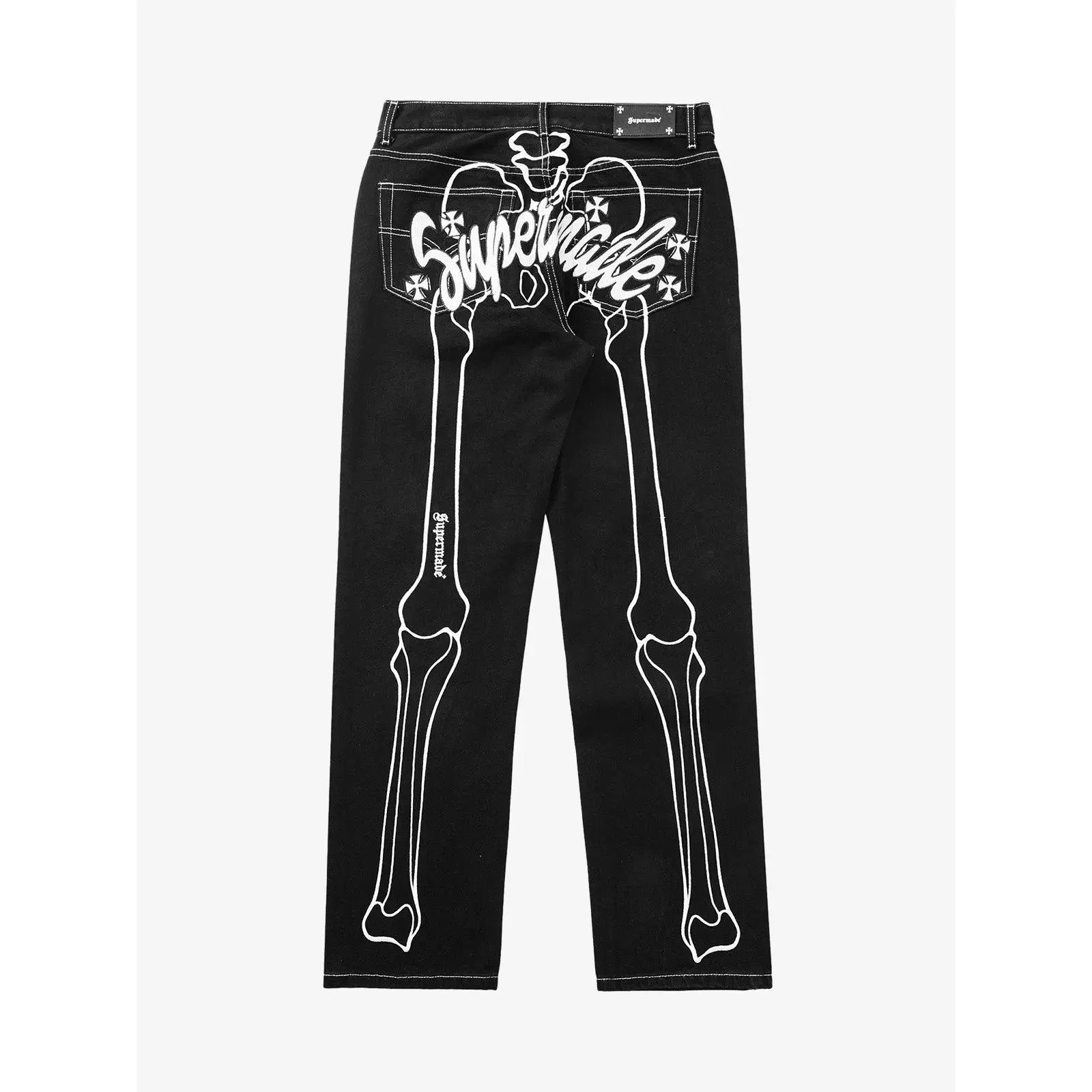 Supermade Men's Spooky Hip Hop Denim Jeans with Skeleton Bones Print, Elastic Waistband and Ribbed Cuffs for Halloween Costume Parties, Menswear, Trouser