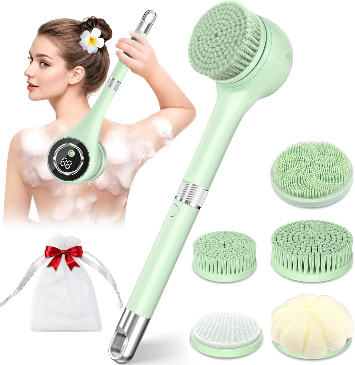 Electric Body Brush Back Scrubber for Shower - Waterproof Long-Handle Rechargeable Power Auto Scrubber with 5 Heads, 3 Speeds for Deep Cleansing, Exfoliating, Massage accessory