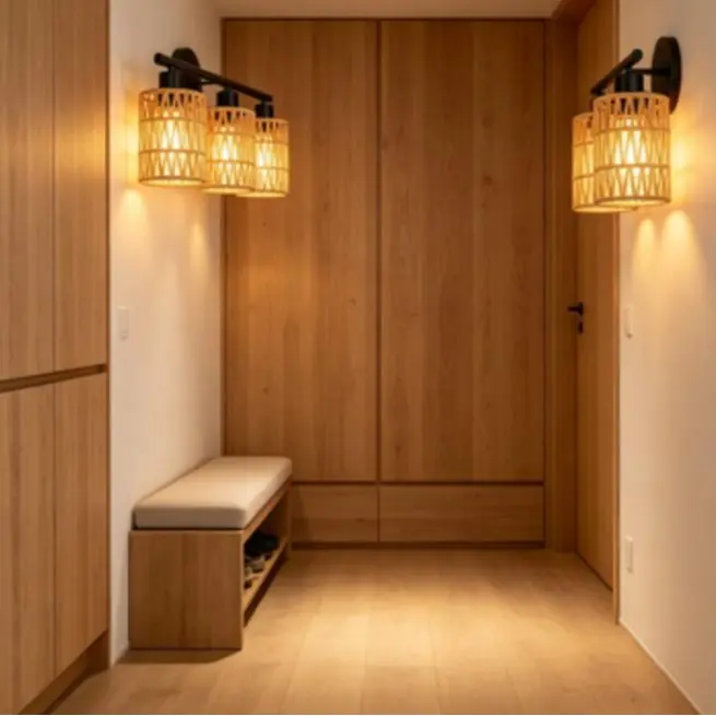 3-Head Woven Bathroom Wall Sconce with Wooden Frame, Natural Rattan Shade & Matte Black Finish - Dimmable E26 Socket Decorative Lighting, Water-Resistant Indoor Use, Bulb-Not-Included (Fits Incandescent Bulbs) for Bathrooms, Foyers