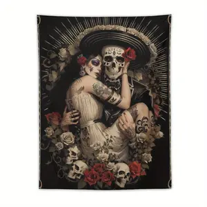Gothic Skull & Black Moon Tarot Tapestry - Vibrant Day of the Dead Art Wall Hanging with Roses, Día de los Muertos Design Halloween tapestry bedroom