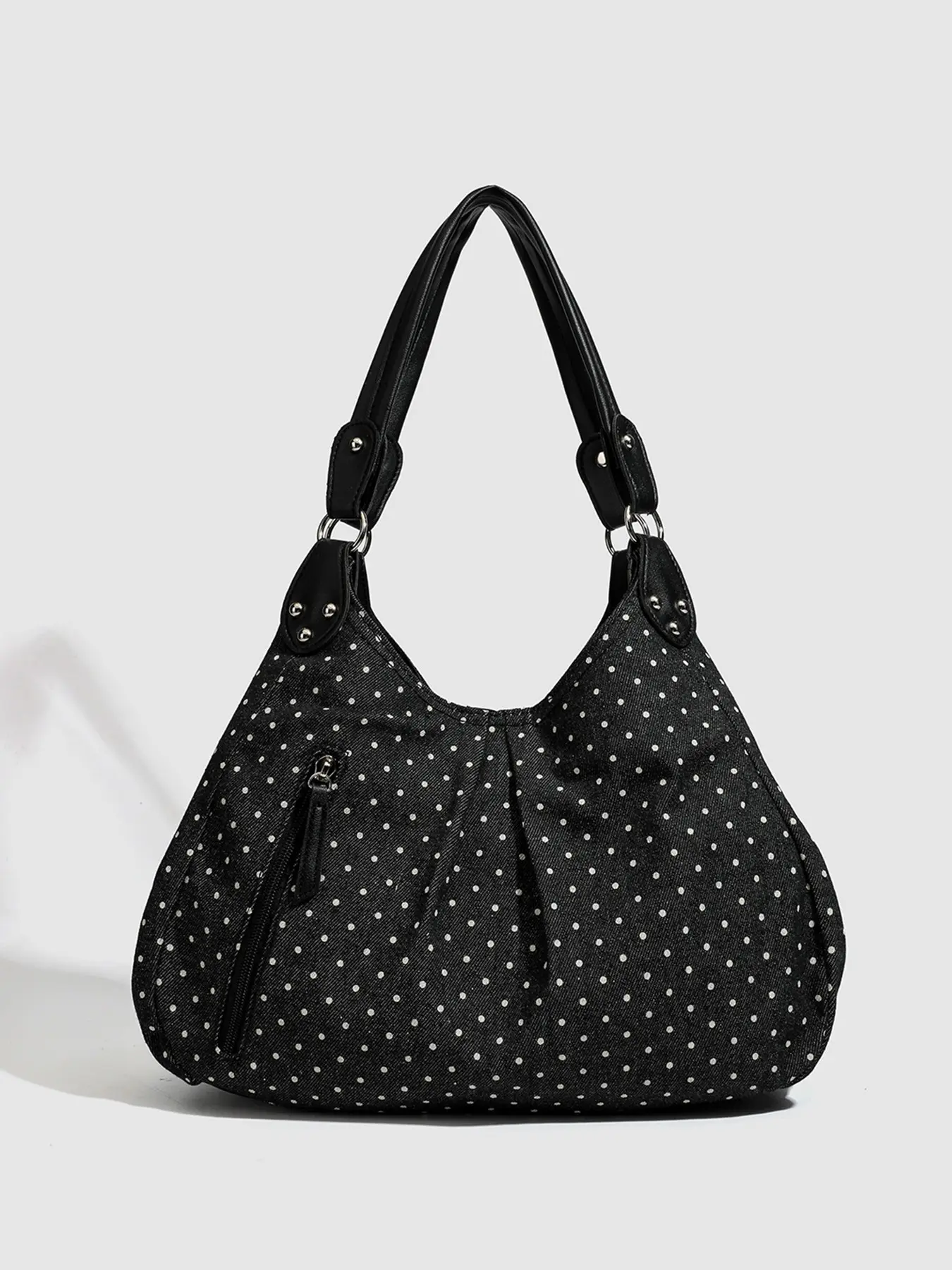 Retro Light Luxury Textured Polka Dot Handbag, Rivet Decoration, Multi-Compartment Zipper Pockets, Large Capacity Casual Shoulder Bag for Phone, Lipstick and More