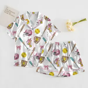 Softball Satin Pajamas Set, Women's White Satin Pajama Set – Softball Print Sleepwear, Sporty Summer Loungewear Womenswear