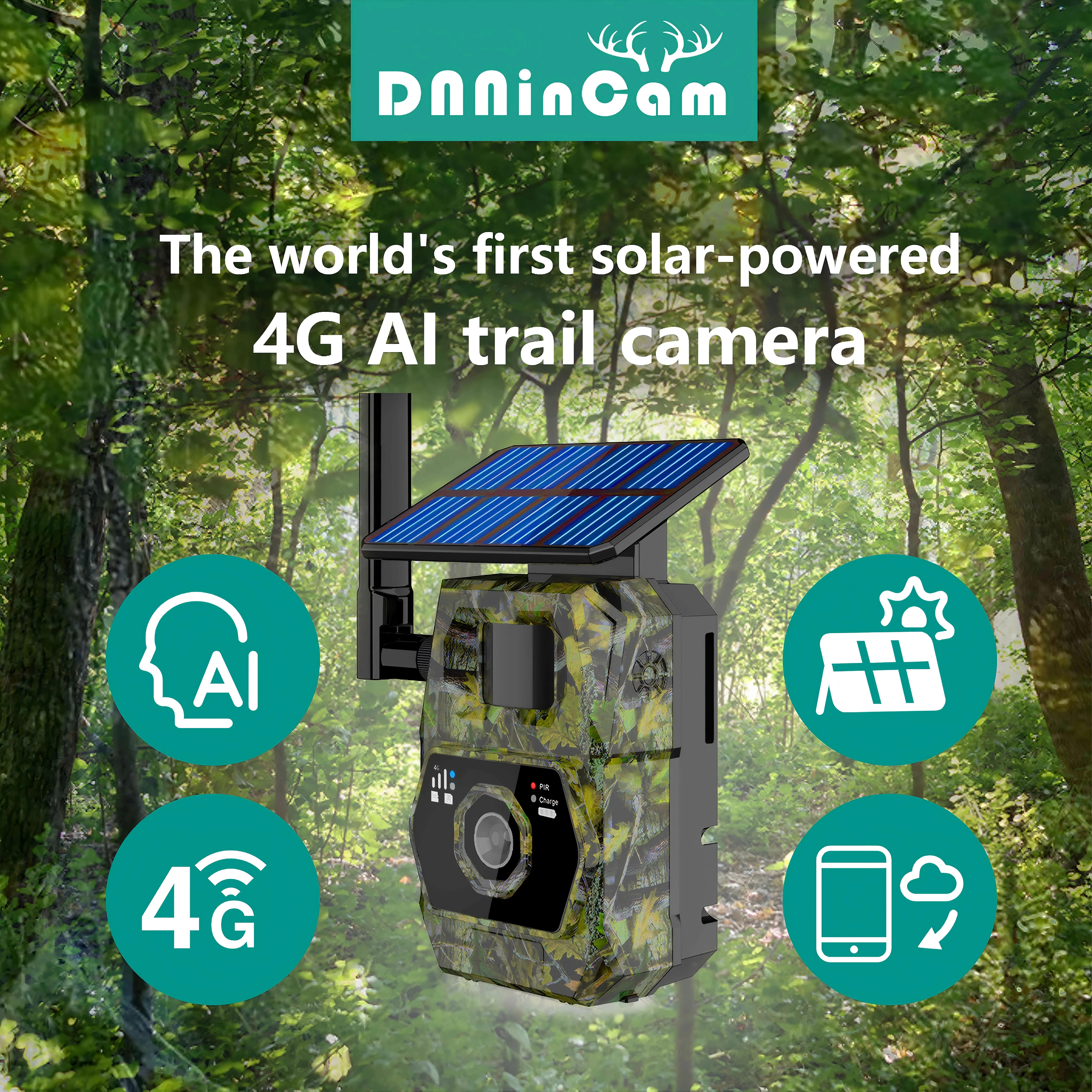 DNNinCam Solar 4G LTE Cellular Trail Camera - AI Wildlife Hunting Game Camera with Solar Panel, 32MP 1080P Night Vision, IP66 Waterproof, Remote App Access for Outdoor Deer Monitoring