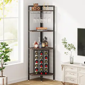 Tribesigns 4-Tier Corner Wine Rack With Storage for Small Spaces in Living Room, Industrial Style