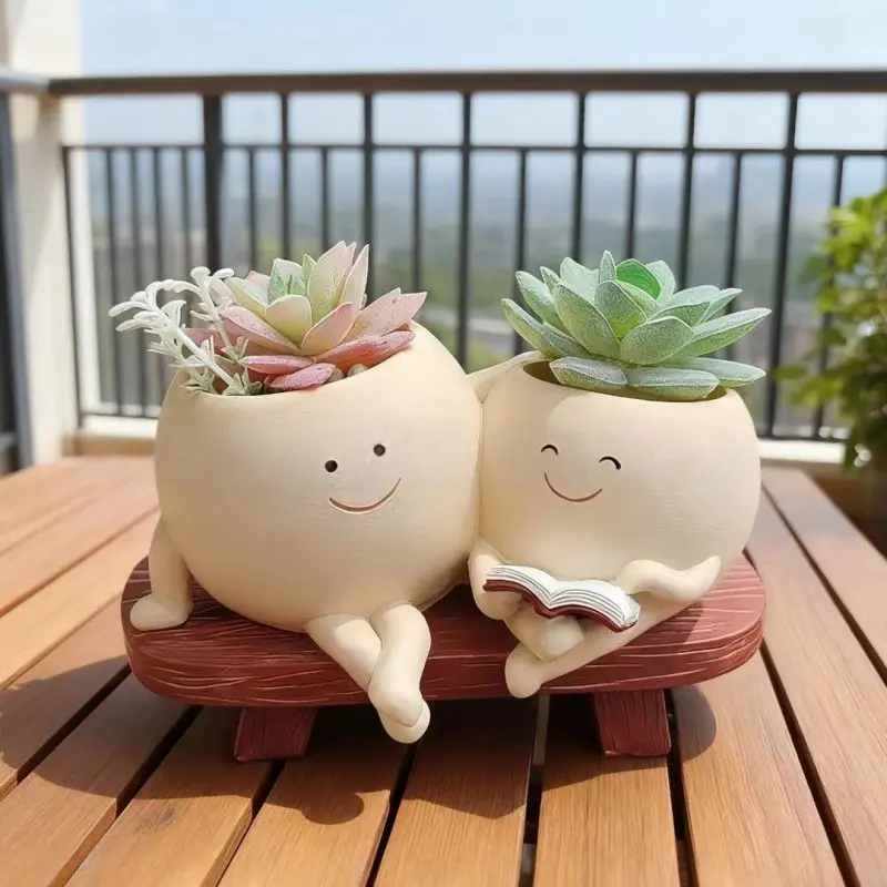 Cute Smiling Face Book Reading Flower Pot, Home Office Succulent Plant Holder, Dual Person Sitting Position Planter, Home Decor Pots, Decorative Pot, Decorative Garden Planter