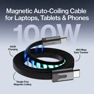 STATIK MagStack Slim USB-C: Cable 100W Fast Charge 480Mbps Data 10,000 Bend Braided Nylon Magnetic Auto-Coiling for Laptops Tablets Phones