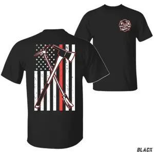Thin Red Line Firefighter Tools Shirt – American Flag Axe & Halligan Bar Tee, Proud Fireman Hero Tribute Gift, Duty Tee for Firemen, First Responders & Everyday Heroes
