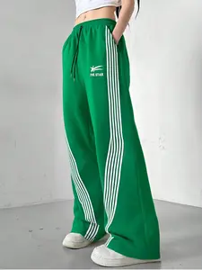 Women's Casual Striped Wide Leg Athletic Pants, Adjustable Drawstring Waist, Colorblock Design, Fitted Long Regular Fit, All Season Wear