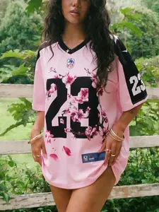 Women's Vintage Loose Fit Football Jersey, Floral Print & Sleeves, Casual Sportswear, Sportswear Top, Outdoor Activities & Daily Wear