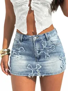 Y2K Hot Girl Style Embroidered Cross Denim Skirt, Vintage Blue Washed Fringe, Fashionable Short Jean Dress for Women