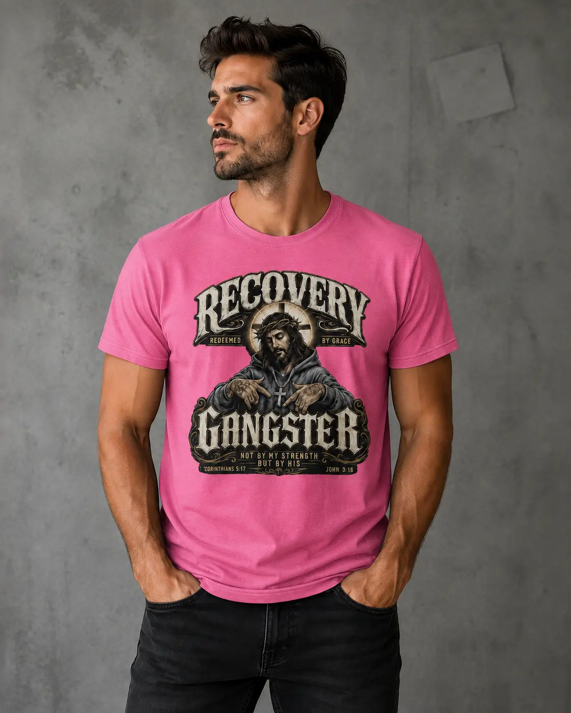 Product Name  Recovery Gangster Christian Recovery T-Shirt – Redeemed by Grace Sobriety Graphic Tee
