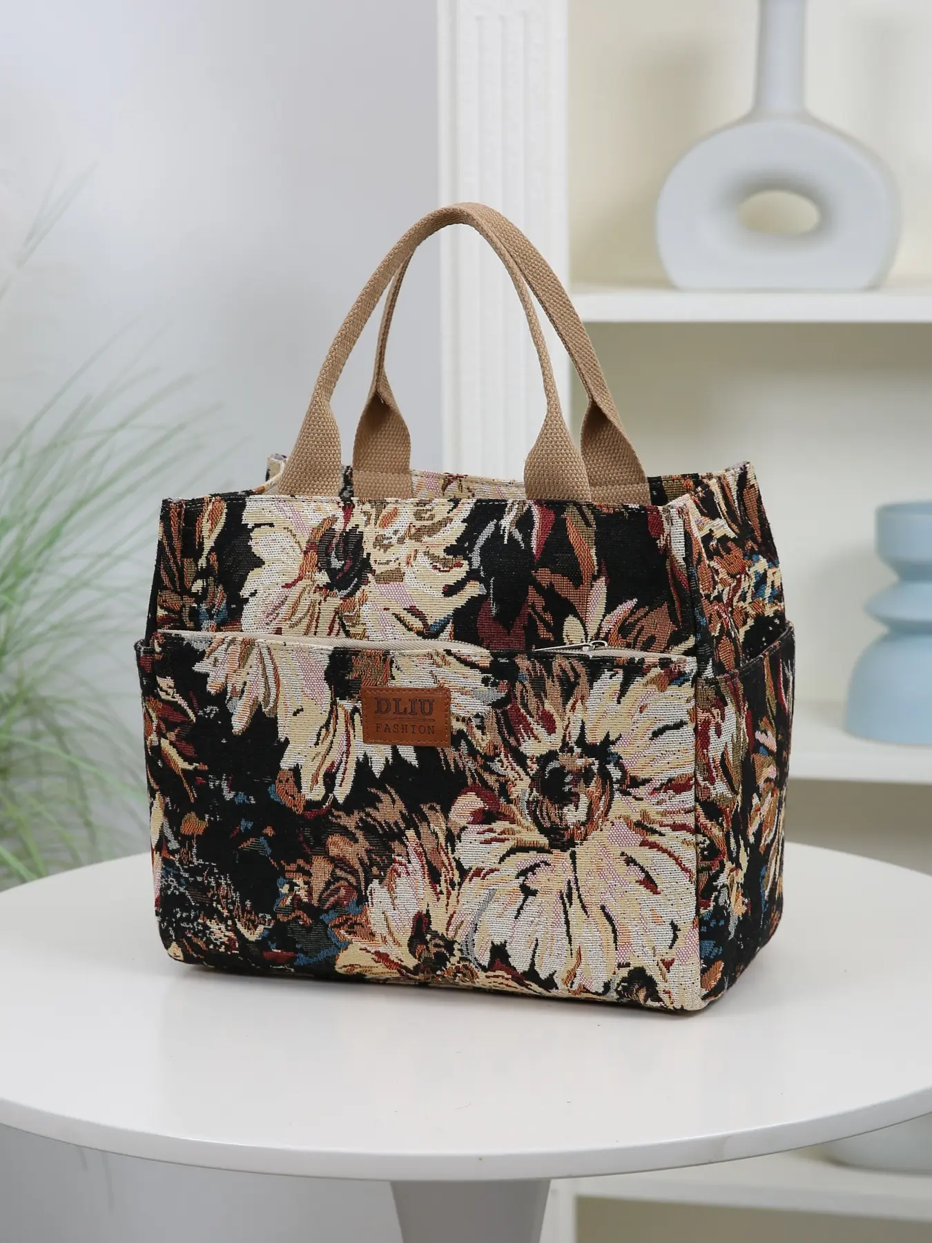 New product, 1 piece, large capacity, multi-pocket, retro, floral pattern, thick jacquard fabric, handbag, cloth bag, lunch bag, Tote lunch bag, travel and shopping bag, for work and school, Lunch Bag Women, Durable Lunch Bags, Lunch Bag Gift