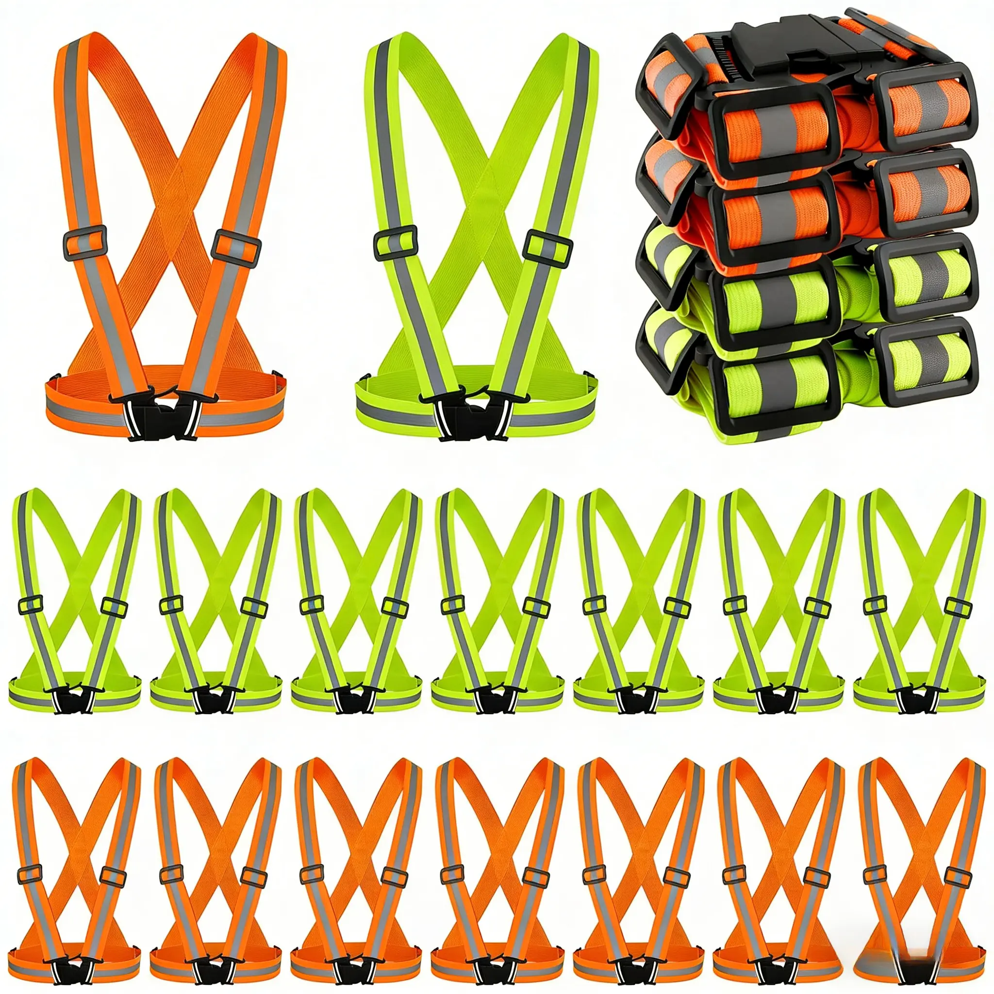 20 Pack High Visibility Safety Vests, Green & Orange Adjustable Elastic Strap Reflectors for Construction, Biking, Running & Surveying, Reflective, Elastic Buckle, Outdoor Work, Running/Cycle, Do Not Wash, Unisex, Elastic Buckles