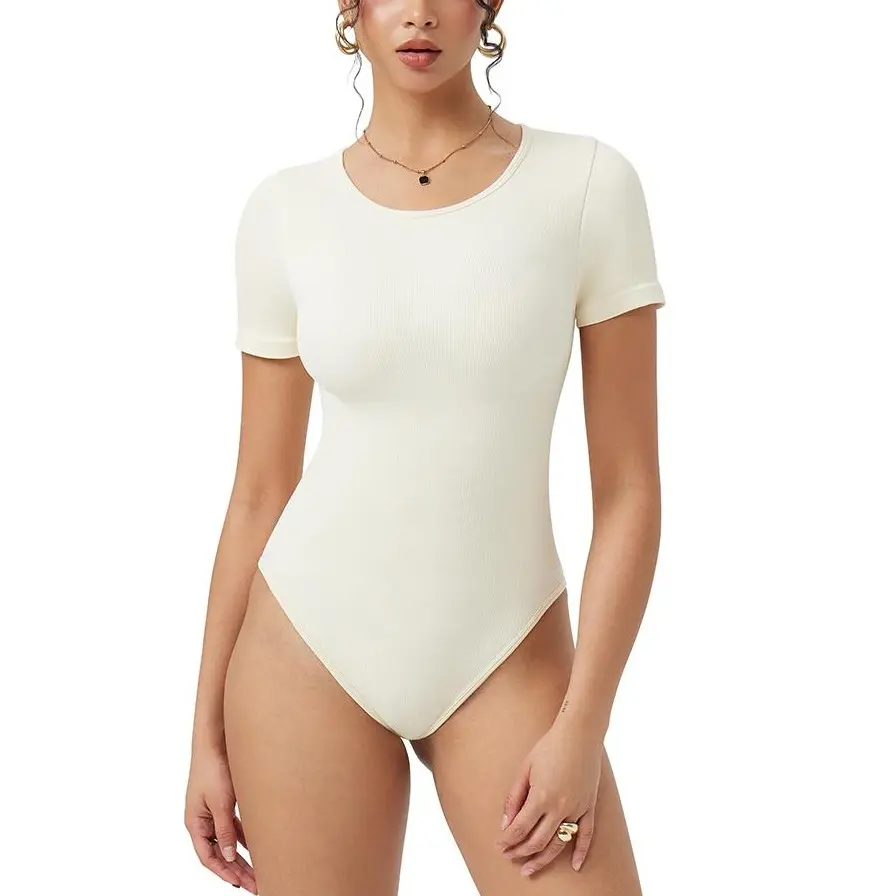 OYV Bodysuits Sexy Ribbed One Piece Short Sleeve Round Neck Tops Bodysuits