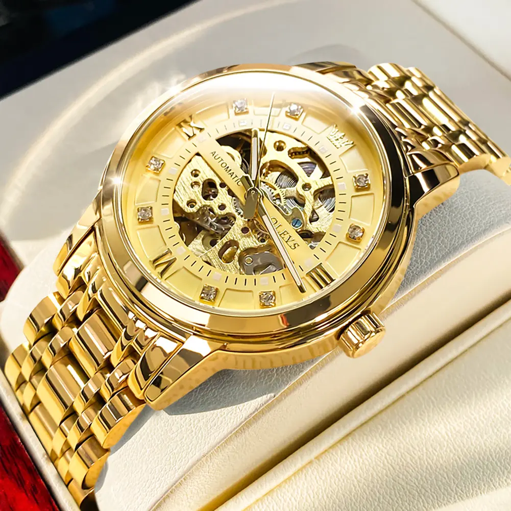 OLEVS Men’s Gold Skeleton Watch Automatic Mechanical self Winding Luxury Dress Stainless Steel Waterproof Luminous Wrist Watches Designer 9901
