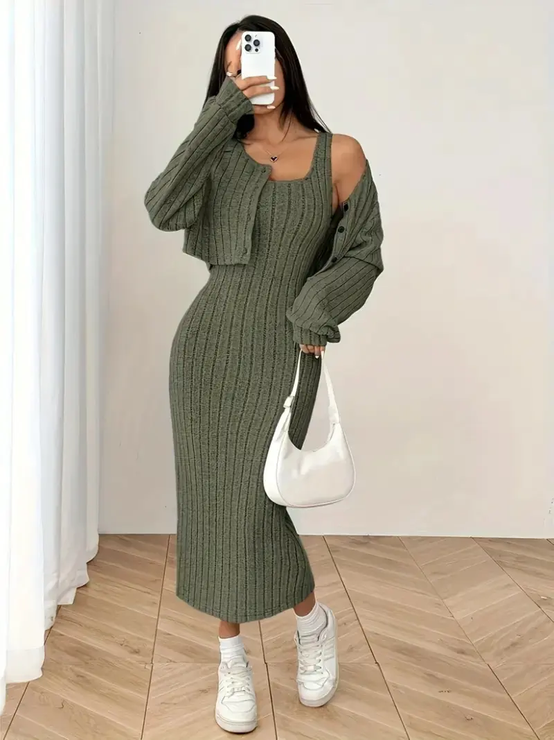 slim fit dress slacks Ribbed Knit Cardigan Dress – Her Modern Shop main image 0