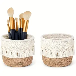 Round Woven Storage Basket, Makeup Brush Organizer Box, Decorative Cosmetic Container, Home Organizer, Durable & Stylish Design, Perfect Gift Idea