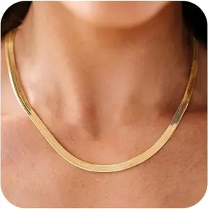 Tewiky Greenish Spring Jewelry, Exquisite Gold Necklaces for Women, Dainty Gold Herringbone Choker Necklace Thin Layered Snake Chain Jewelry for Gifts and Teen Gifts