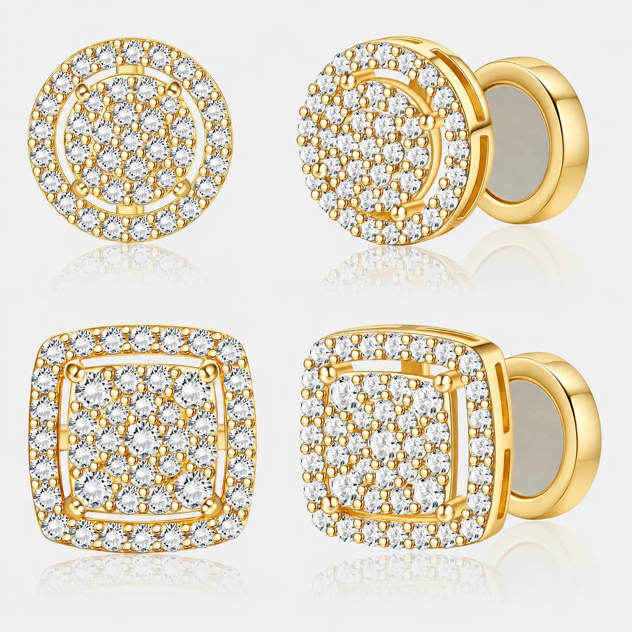 Magnetic CZ Stud Earrings for Men Women, No Piercing Iced Out Round & Square Earrings, 14K Gold Plated Hip Hop Fake Ear Studs Jewelry Gift