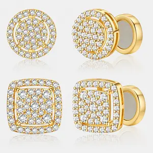 Magnetic CZ Stud Earrings for Men Women, No Piercing Iced Out Round & Square Earrings, 14K Gold Plated Hip Hop Fake Ear Studs Jewelry Gift