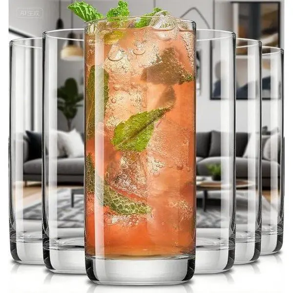 13oz Tall Drinking Glasses Set, 6-Piece Lead-Free Crystal Barware, Highball Glass Cups for Water, Mojito, and Cocktails, Reusable Durable Bar Glassware, Elegant Clear Drinkware for Home and Parties