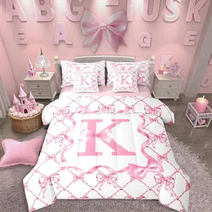 7Pcs Cute Preppy Bow Bed Bag,Alphabet Comforter Bed Set with Sheets,Birthday Gifts Teens Girls Women Bed Set