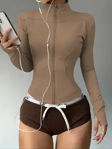 Women's Zipper Closure Long Sleeve High-Stretch Outdoor Zip Front Jacket, Perfect for Yoga, Cycling and Running, Comfortable & Stylish Design Outerwear Yoga Jacket Top