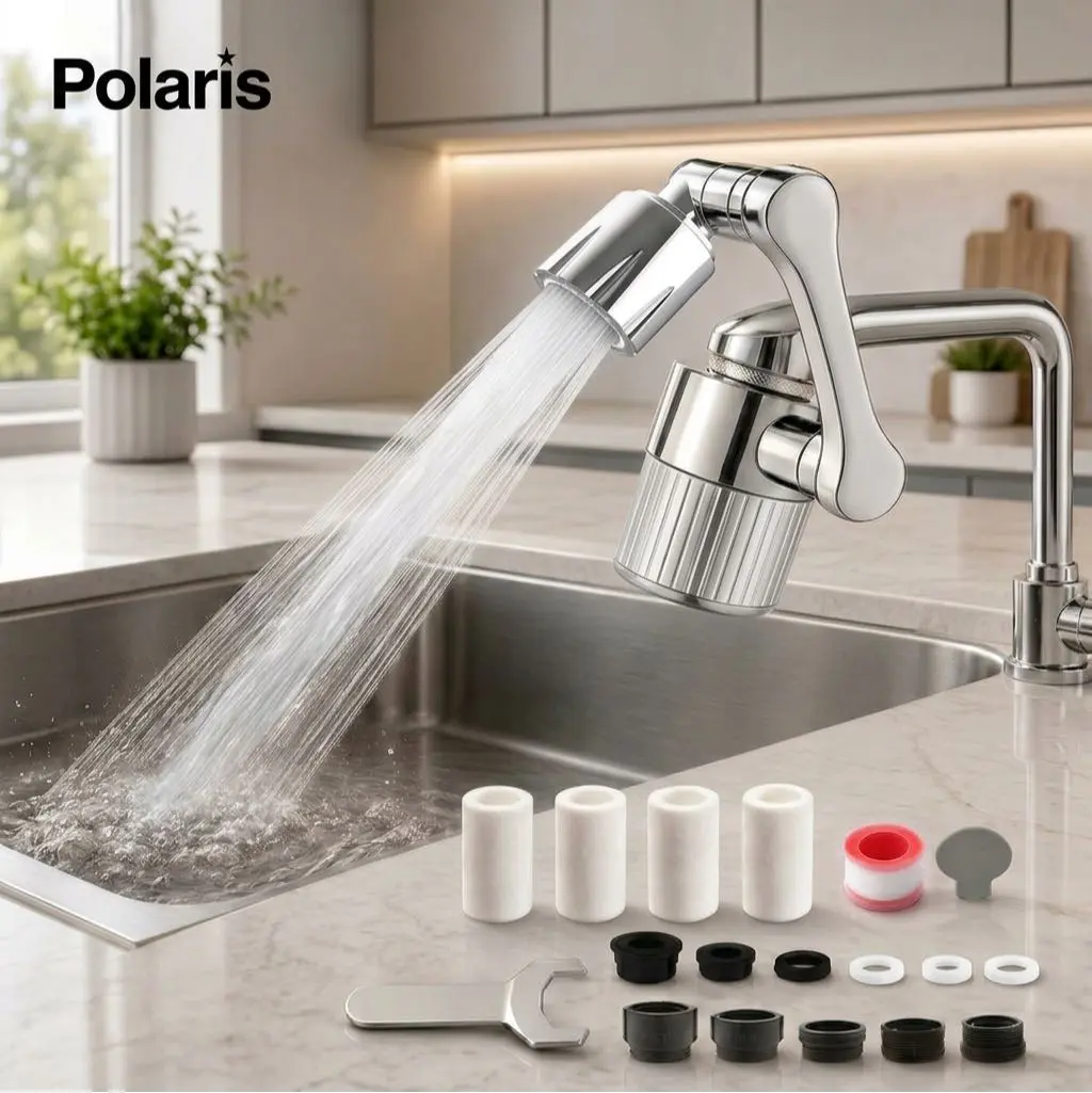 POLARIS 3D Swivel Faucet Aerator Filter Set 1440° Rotatable, Anti-Splash Soft Flow, Clear Visible Shell, 5 Replacement Cartridges, Universal Adapter for Kitchen, Bathroom Sinks