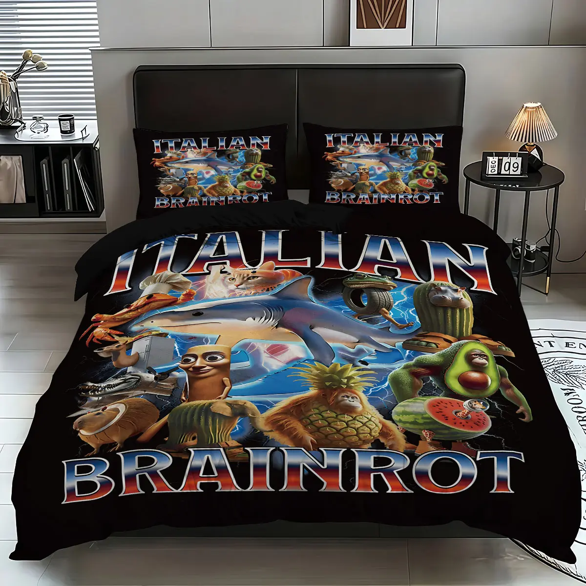 -piece bedding set "Italian Brainrot" funny cartoon element theme print (1 set +2 pillowcases, no core), personalized bedding, Bed Sets, suitable for all seasons, bringing comfort to your sleep. A must-have for game enthusiasts