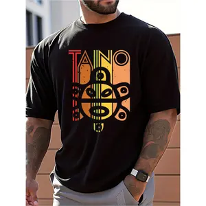 Men's TAINO Totem Print Short Sleeve T-Shirt - 100% Cotton Breathable Regular Fit Casual Tee with Vibrant Tribal Design for Summer, Travel & Daily Leisure, Summer Outfit, Cultural Style, Soft Texture, Print Shirt, Summer Wardrobe
